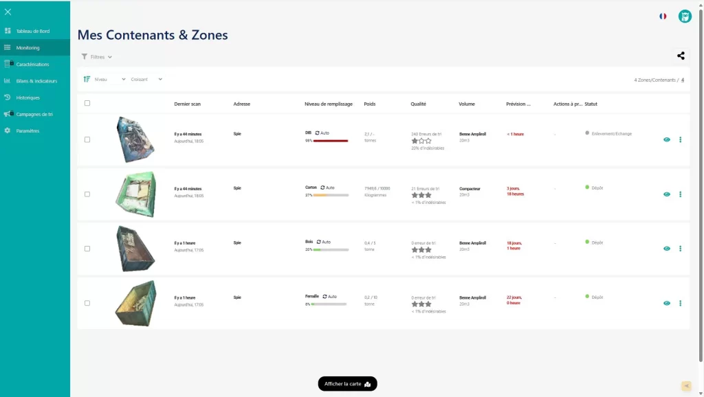 TECH SCAN : Liste des bennes monitorées